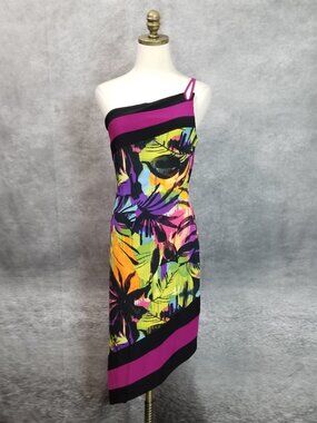 Joseph Ribkoff Tropical One Shoulder Midi Dress Size 8 Vibrant Floral Silky Knit